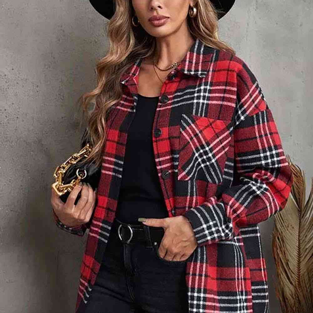 Plaid Collared Neck Button Up Jacket with Pockets - Guy Christopher