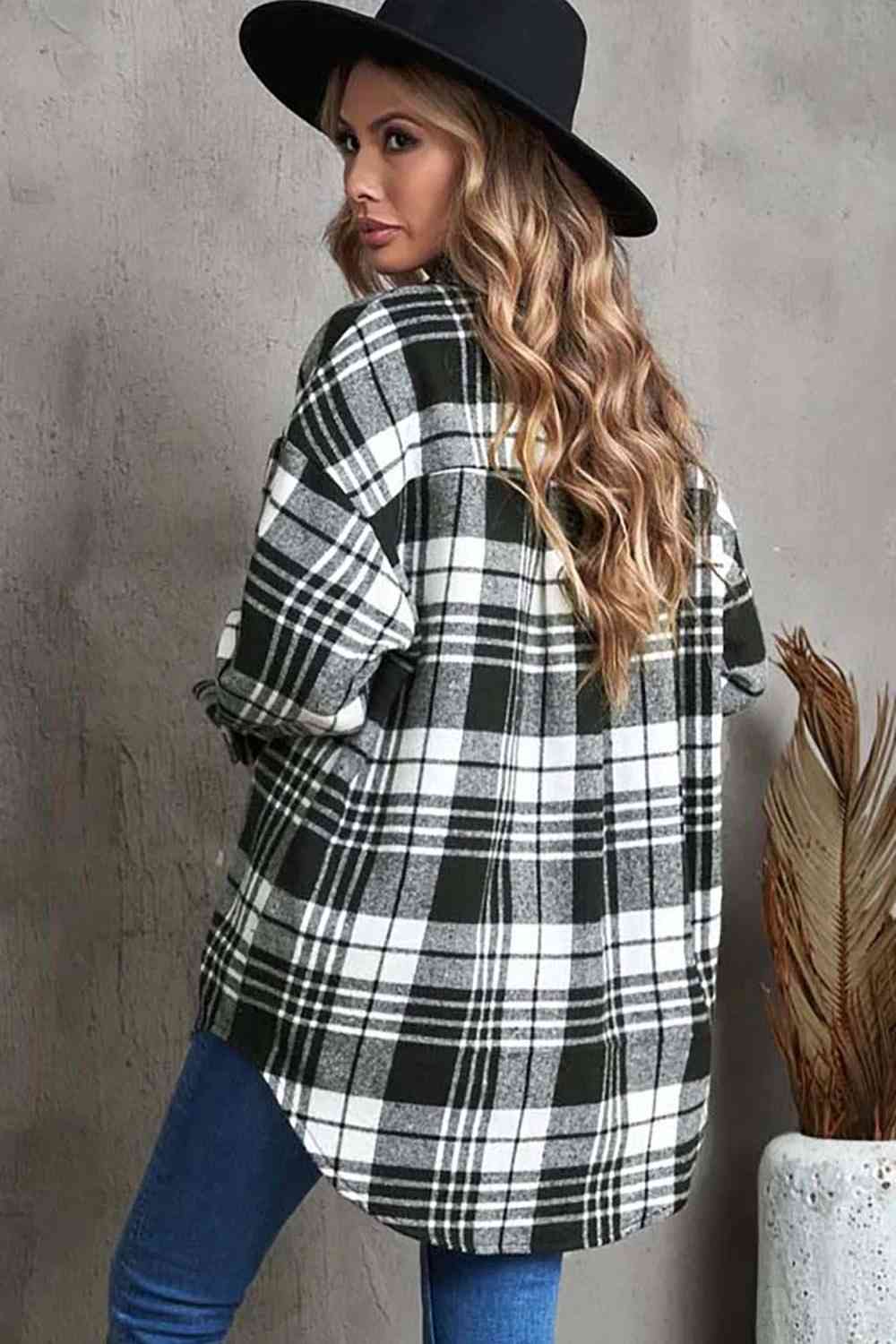 Plaid Collared Neck Button Up Jacket with Pockets - Guy Christopher