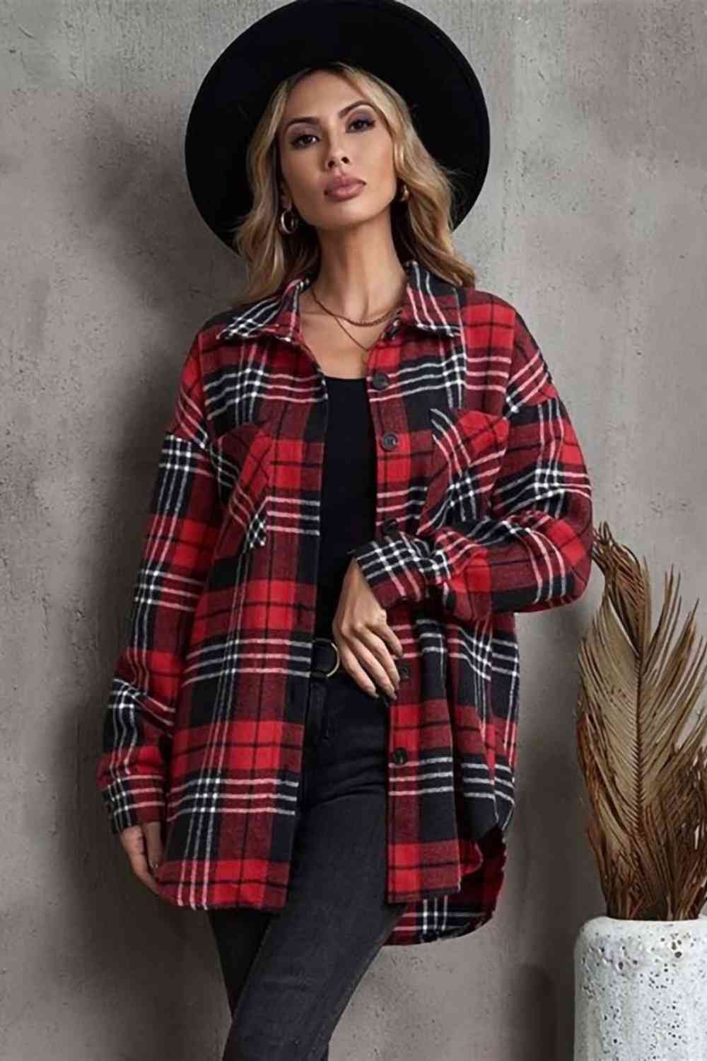 Plaid Collared Neck Button Up Jacket with Pockets - Guy Christopher