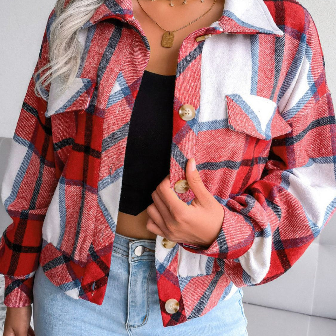 Plaid Collared Neck Drop Shoulder Jacket - Indulge in Effortless Chicness and Romance - Elevate Your Style with the Perfect Combination of Elegance and Comfort - Guy Christopher