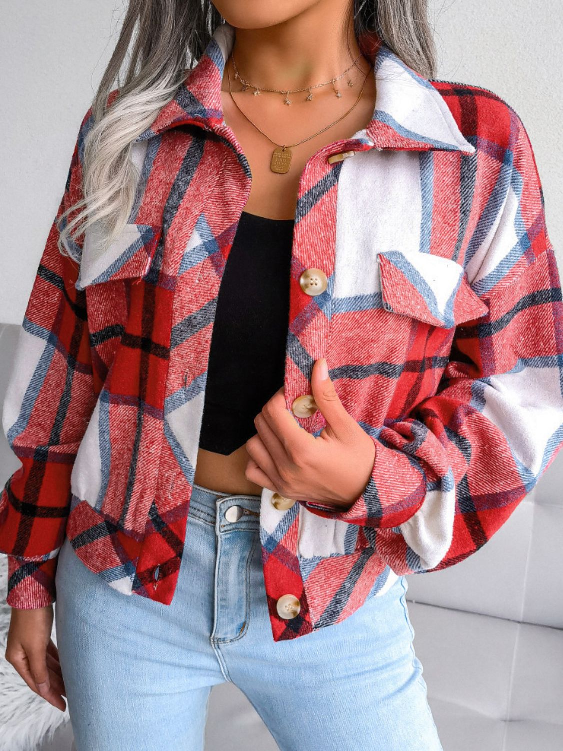 Plaid Collared Neck Drop Shoulder Jacket - Indulge in Effortless Chicness and Romance - Elevate Your Style with the Perfect Combination of Elegance and Comfort - Guy Christopher