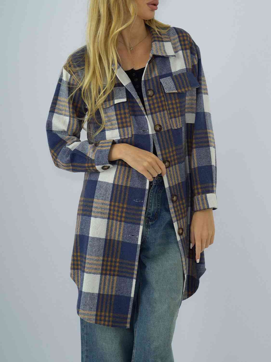 Plaid Collared Neck Long Sleeve Coat - Guy Christopher