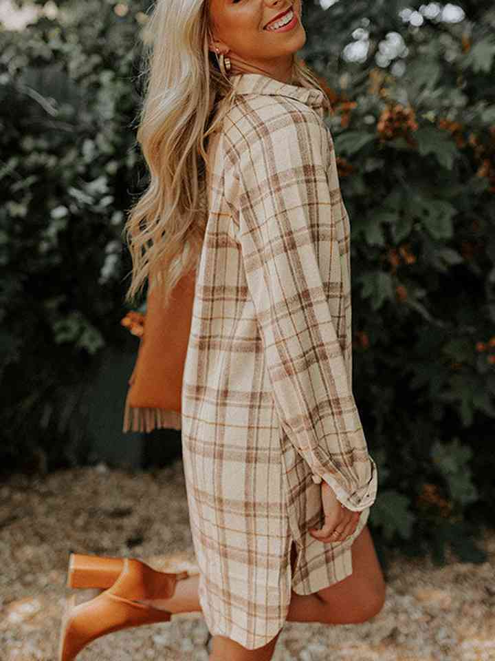 Plaid Collared Neck Long Sleeve Shirt Dress - Guy Christopher