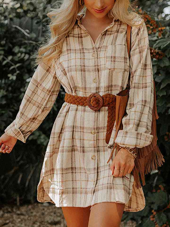 Plaid Collared Neck Long Sleeve Shirt Dress - Guy Christopher