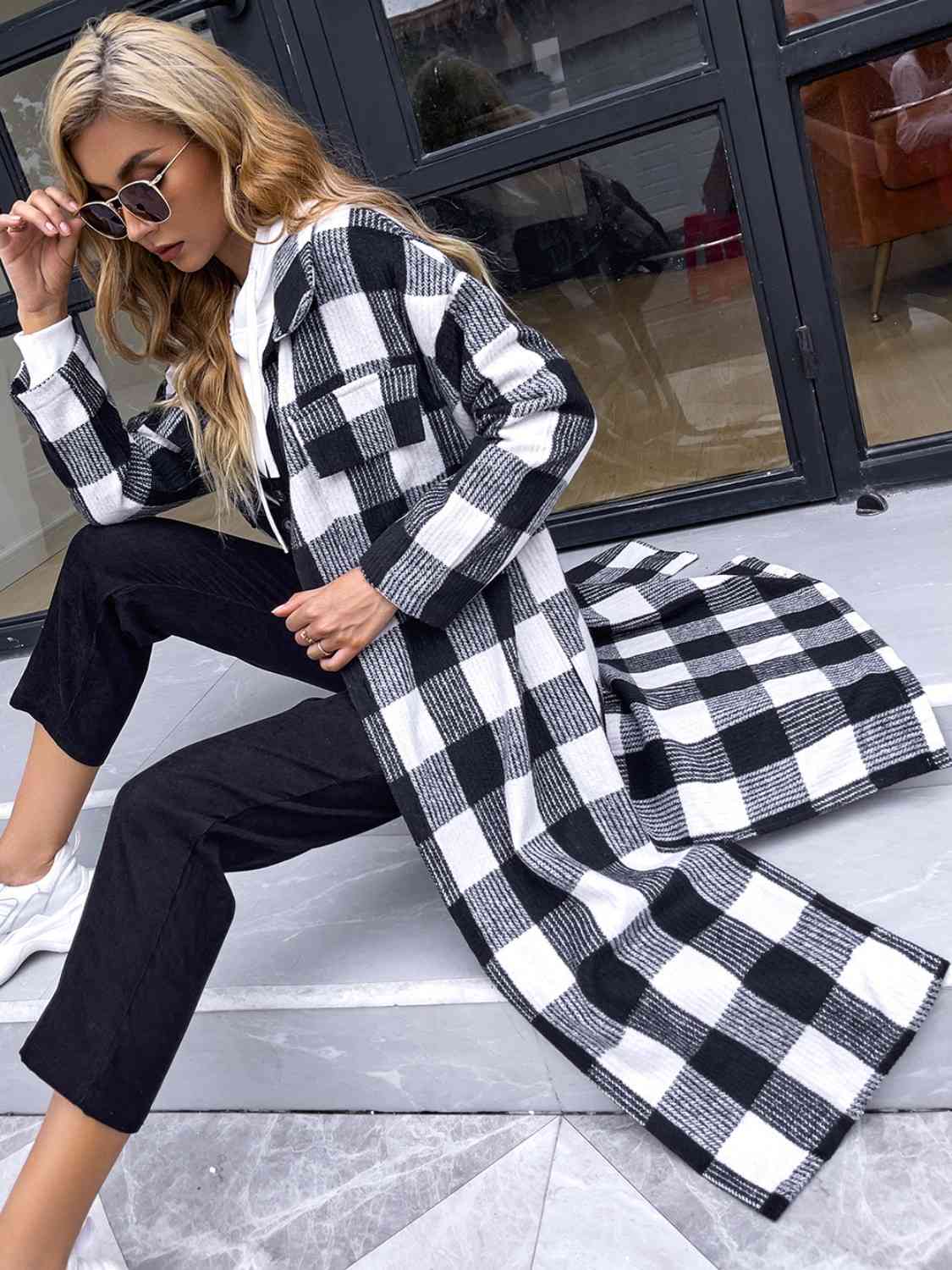 Plaid Collared Neck Slit Longline Coat - Guy Christopher