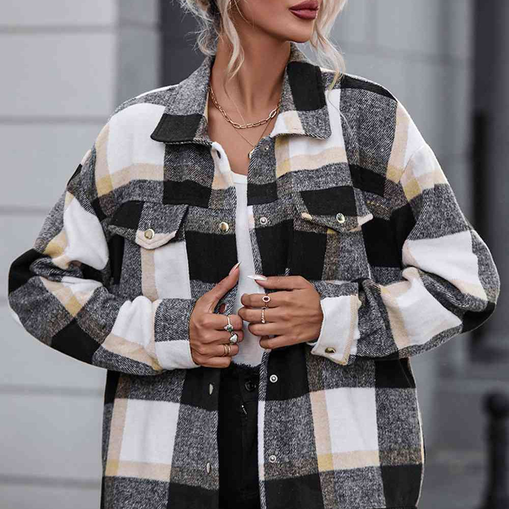 Plaid Collared Neck Snap Front Jacket - Guy Christopher