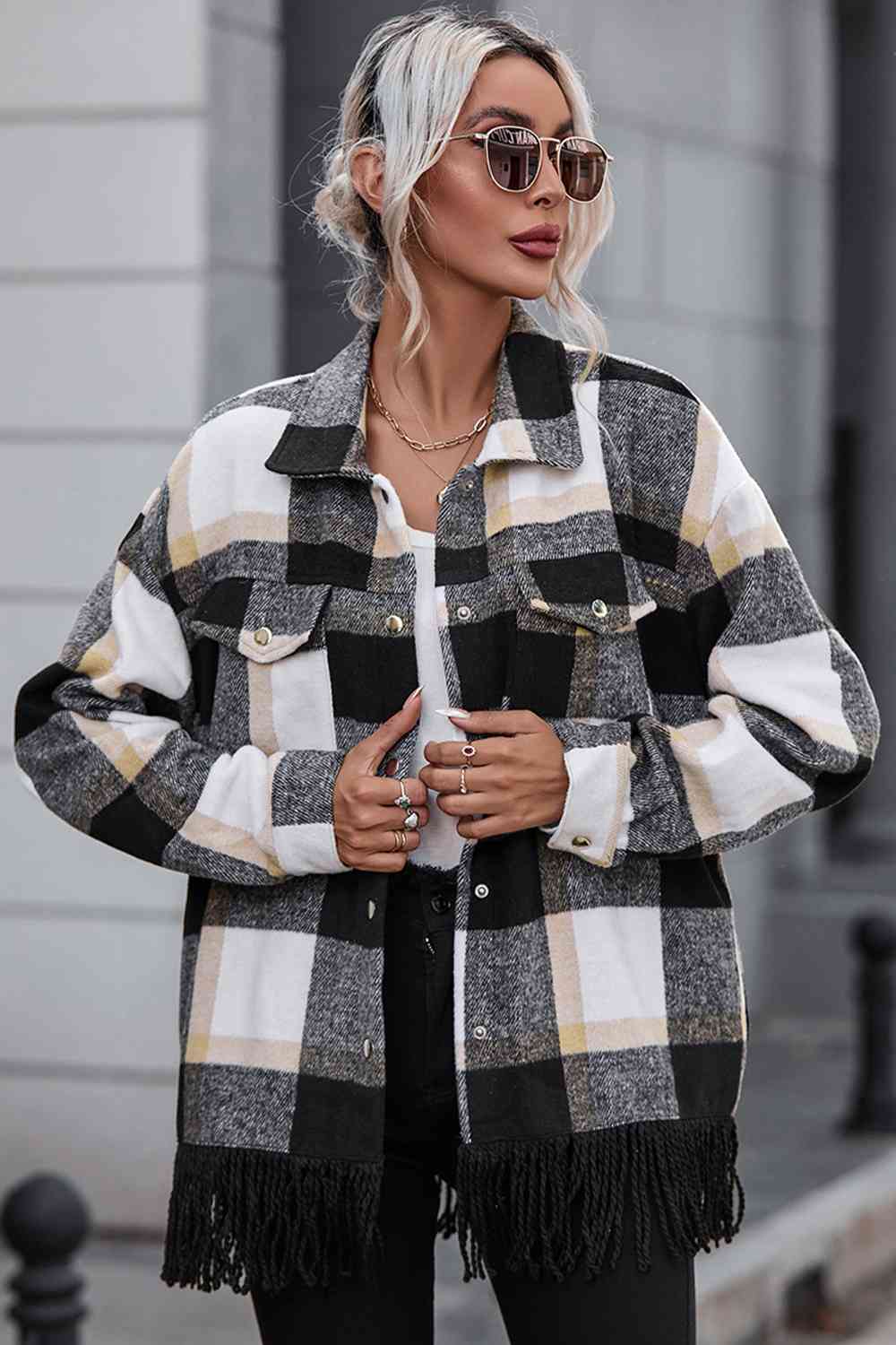 Plaid Collared Neck Snap Front Jacket - Guy Christopher