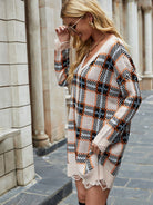 Plaid Distressed V-Neck Sweater Dress - Guy Christopher