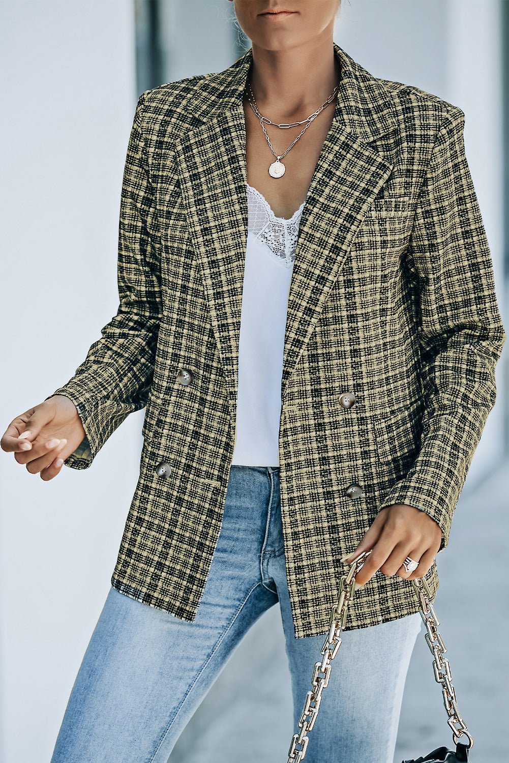 Plaid Double-Breasted Long Sleeve Blazer - Guy Christopher