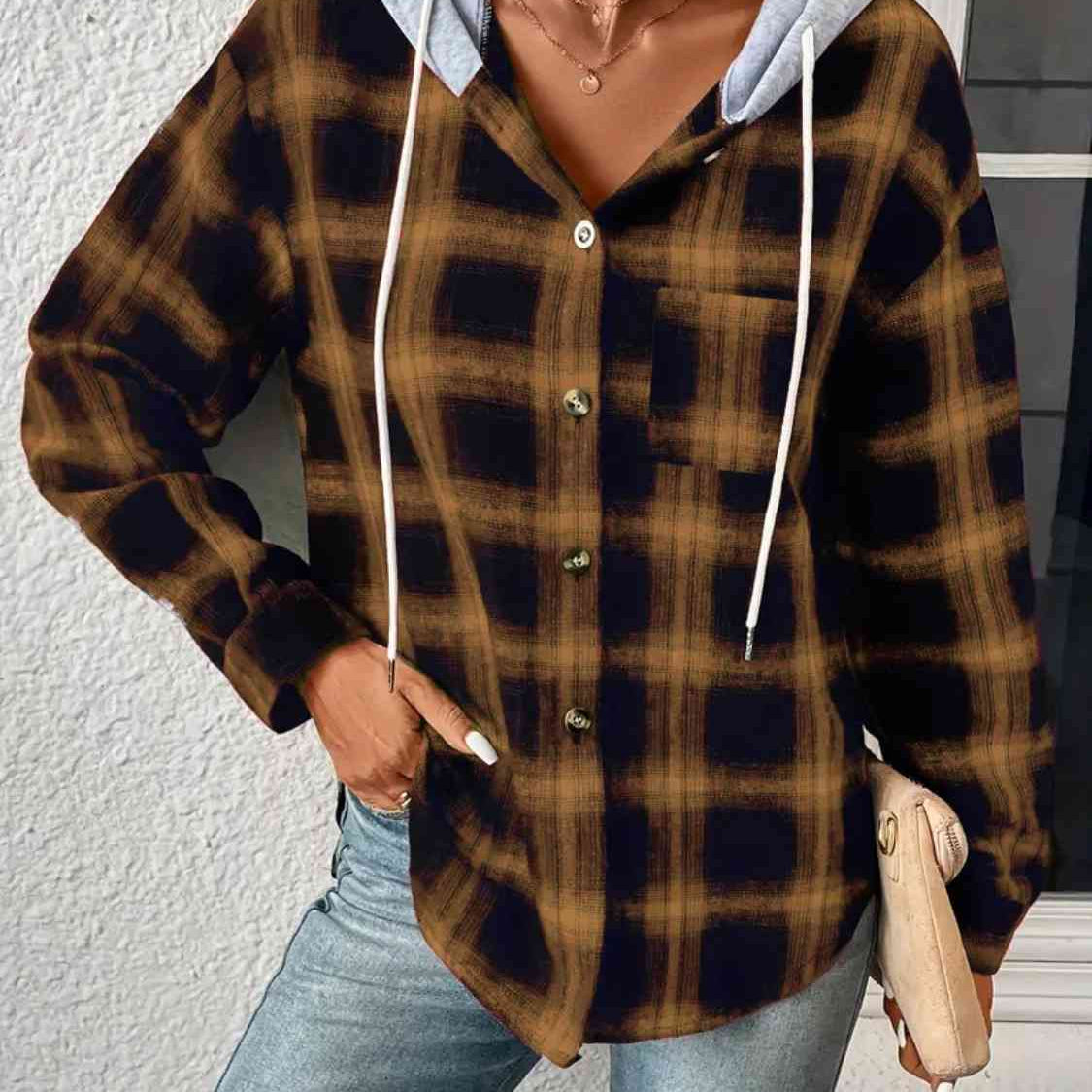 Plaid Drawstring Button Up Hooded Jacket - Guy Christopher