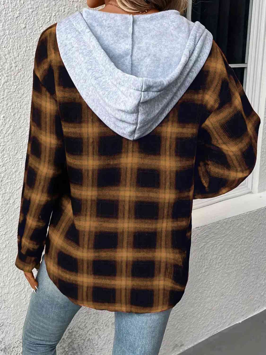 Plaid Drawstring Button Up Hooded Jacket - Guy Christopher