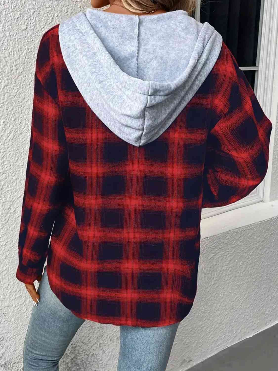 Plaid Drawstring Button Up Hooded Jacket - Guy Christopher