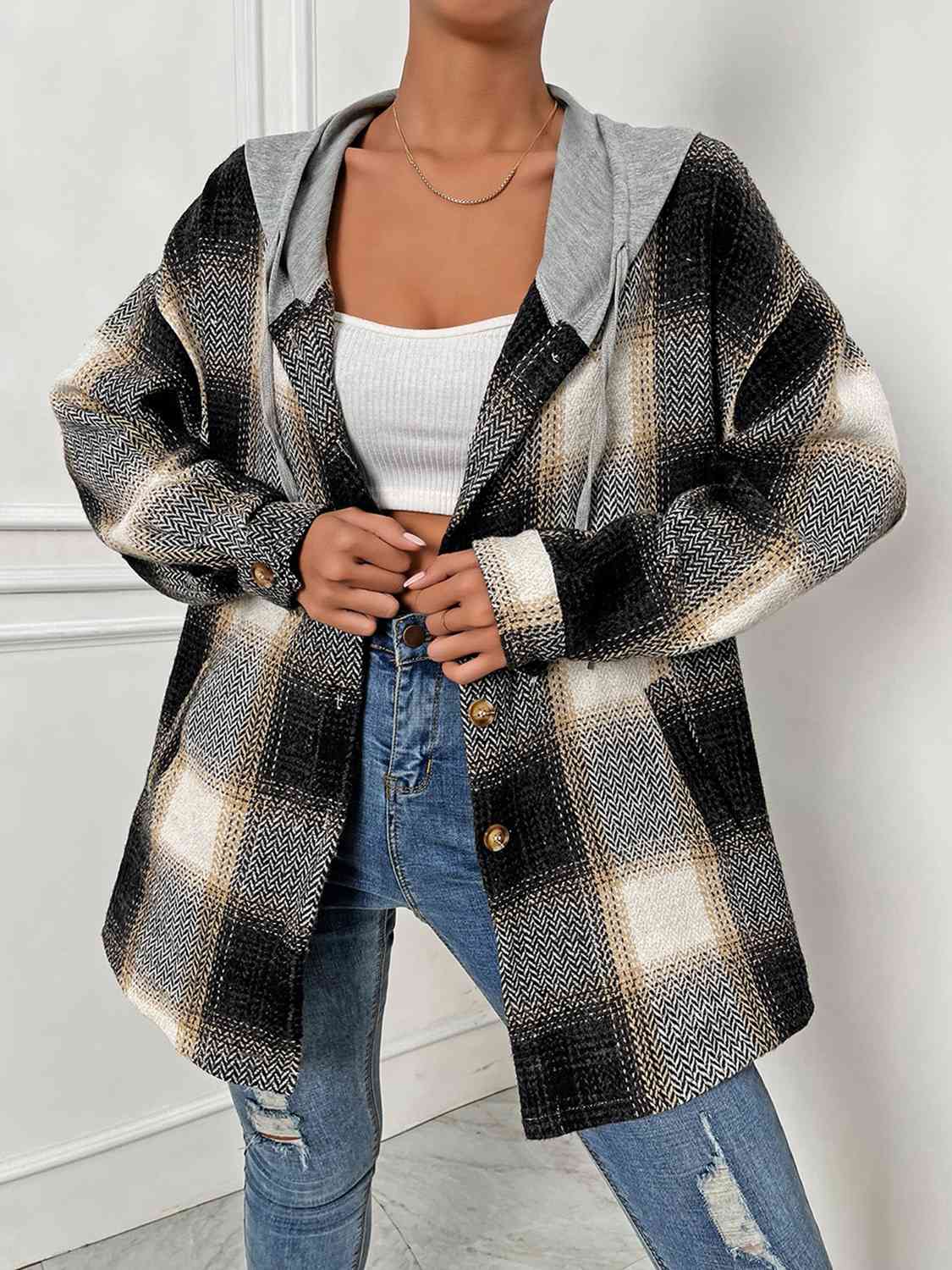 Plaid Drawstring Hooded Jacket - Guy Christopher