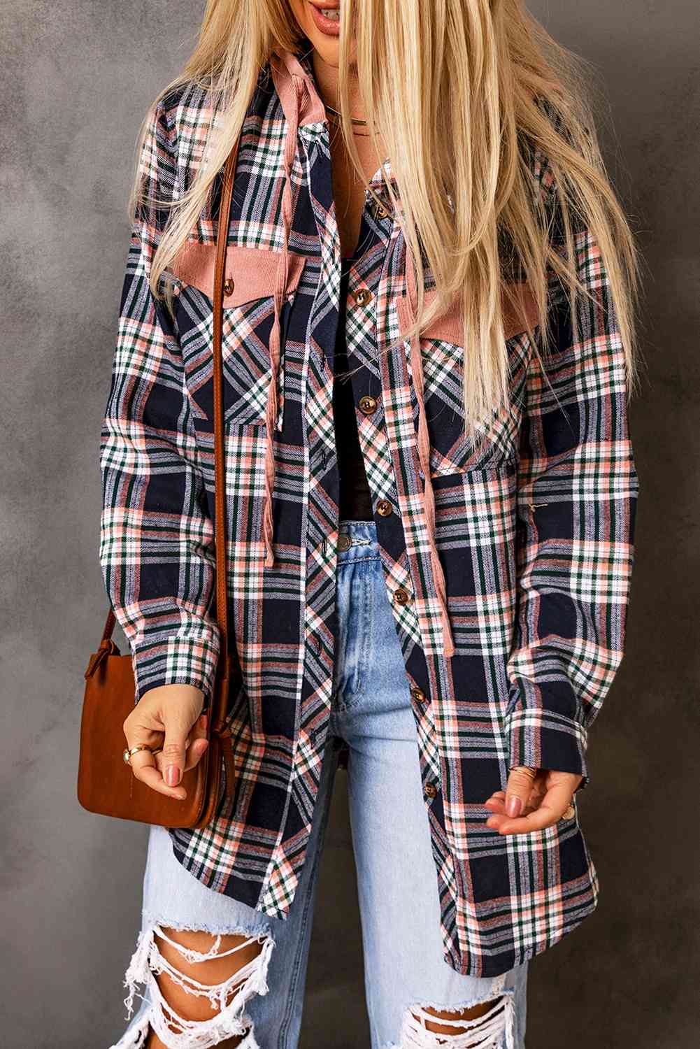 Plaid Drawstring Hooded Jacket with Pockets - Guy Christopher