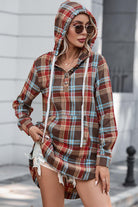 Plaid Drawstring Long Sleeve Hooded Dress with Pocket - Guy Christopher