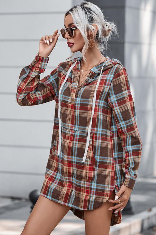 Plaid Drawstring Long Sleeve Hooded Dress with Pocket - Guy Christopher