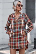 Plaid Drawstring Long Sleeve Hooded Dress with Pocket - Guy Christopher