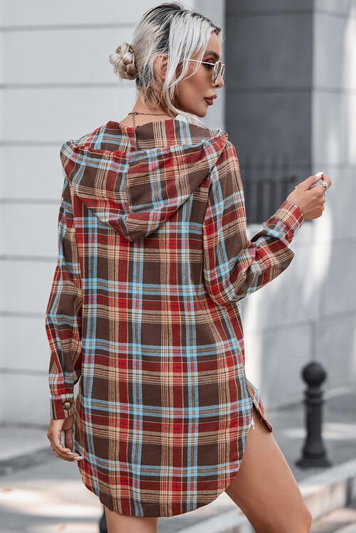 Plaid Drawstring Long Sleeve Hooded Dress with Pocket - Guy Christopher