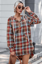 Plaid Drawstring Long Sleeve Hooded Dress with Pocket - Guy Christopher