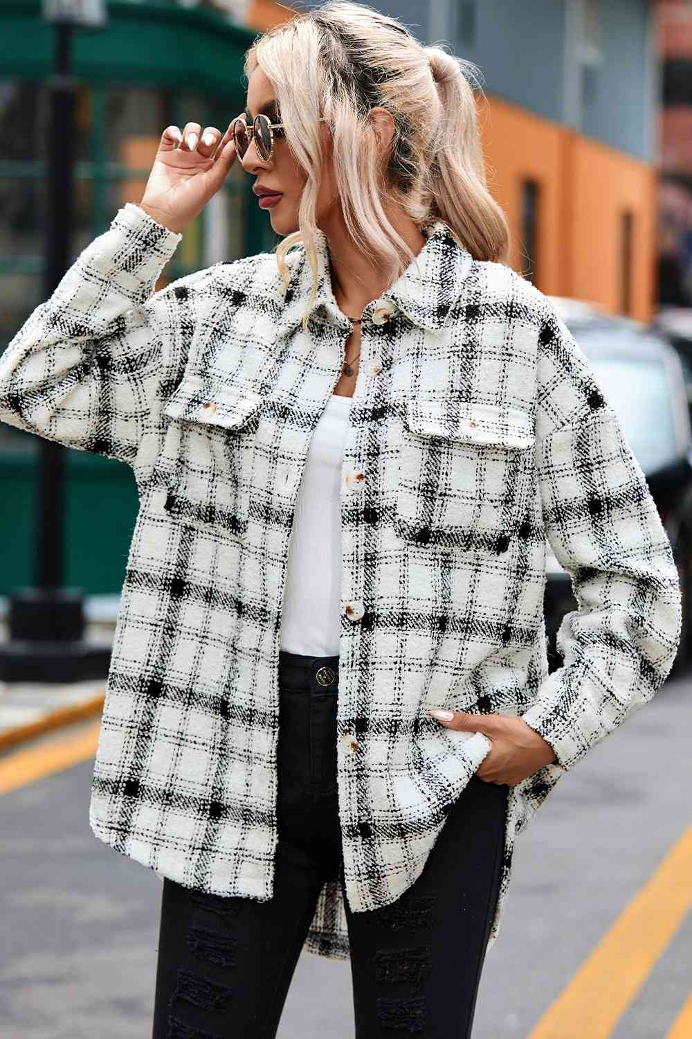 Plaid Dropped Shoulder Collared Jacket - Guy Christopher