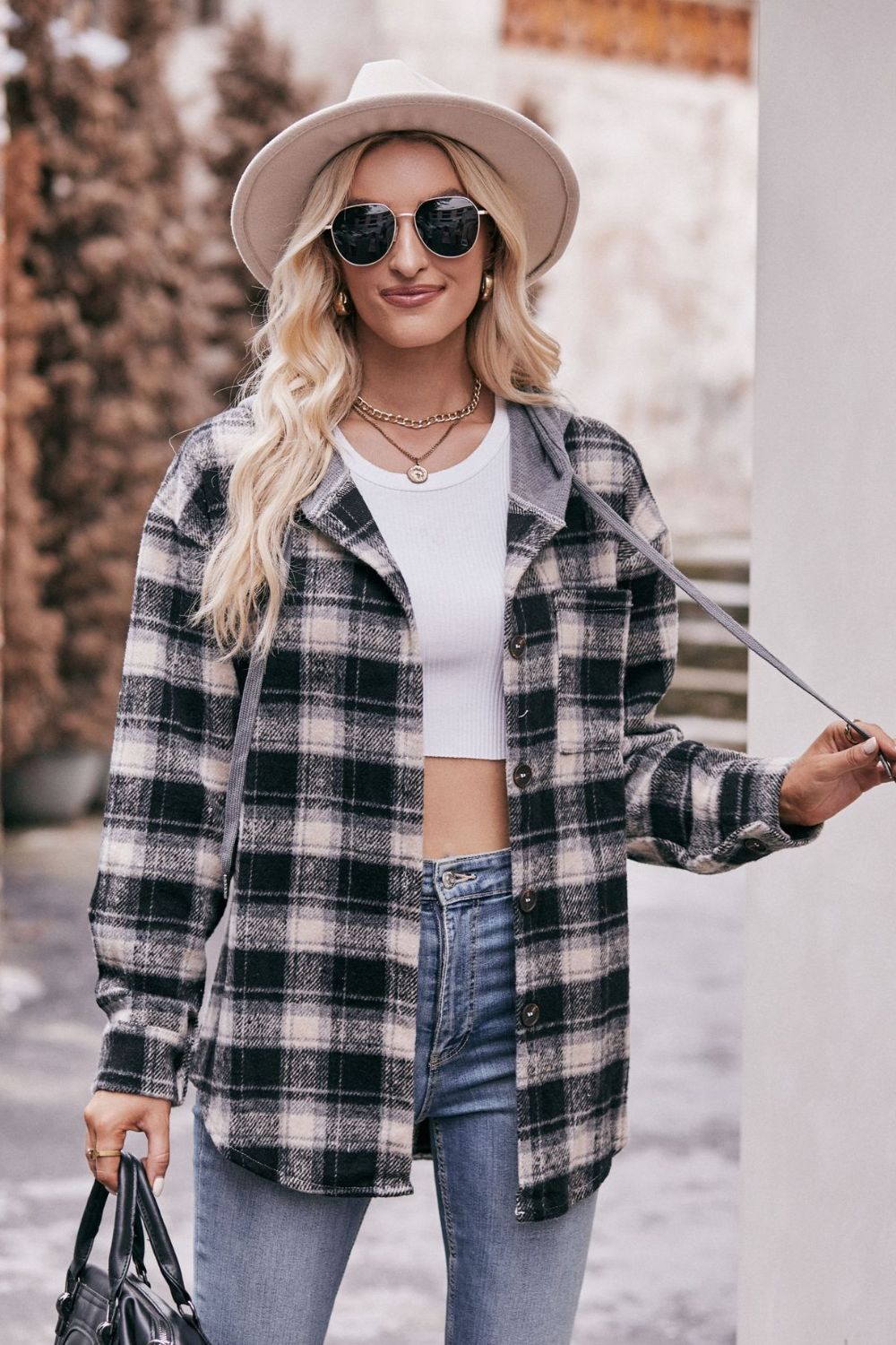 Plaid Dropped Shoulder Hooded Longline Jacket - Guy Christopher