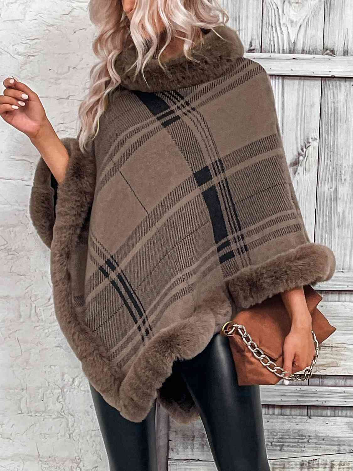 Plaid Faux Fur Trim Poncho - Guy Christopher