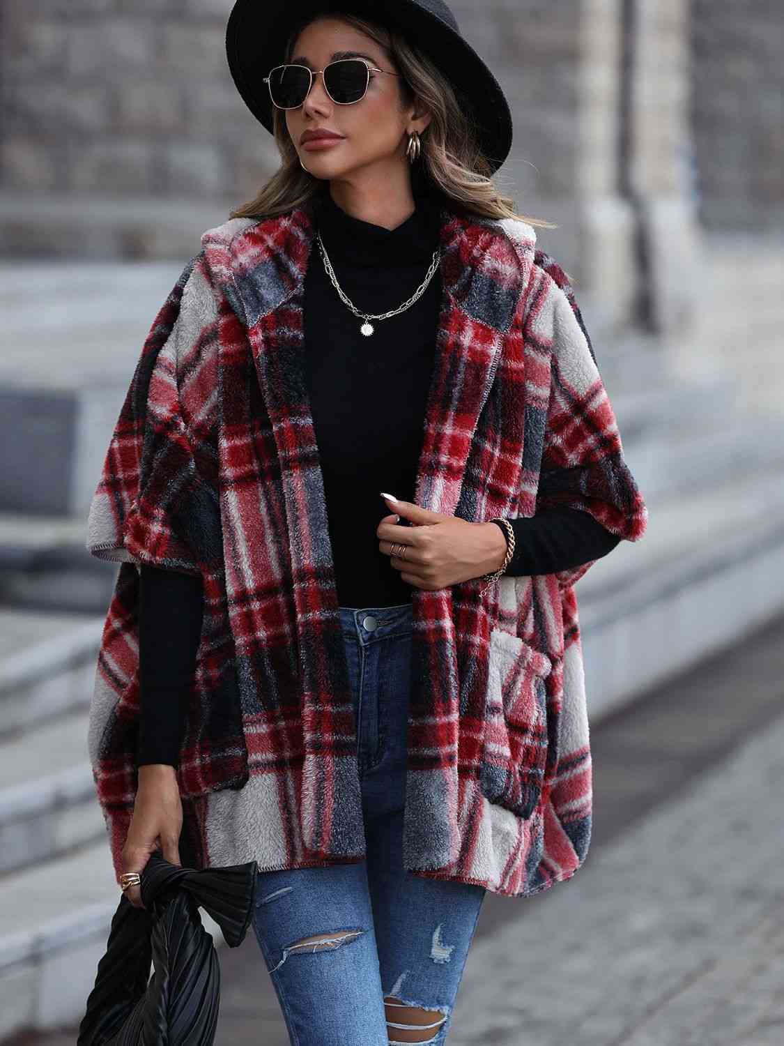 Plaid Hooded Coat with Pockets - Guy Christopher