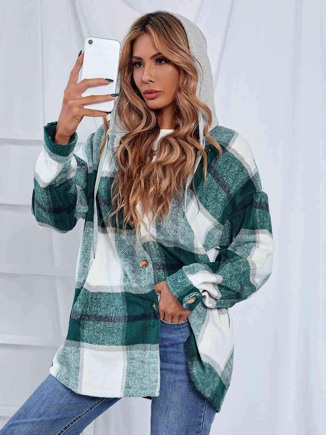 Plaid Hooded Jacket with Pockets - Guy Christopher