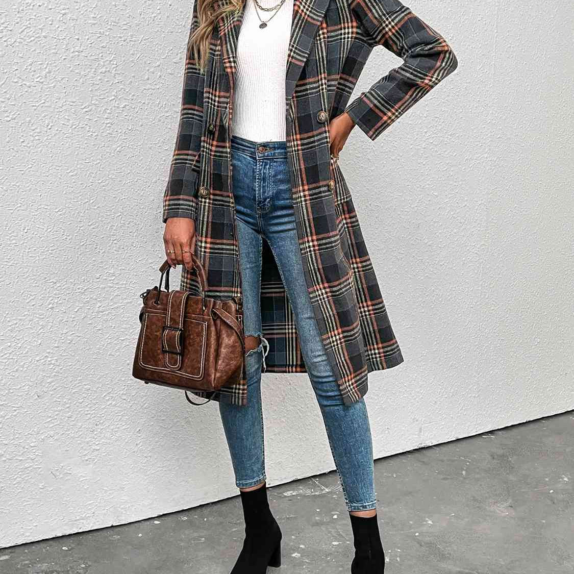 Plaid Lapel Collar Trench Coat - Guy Christopher