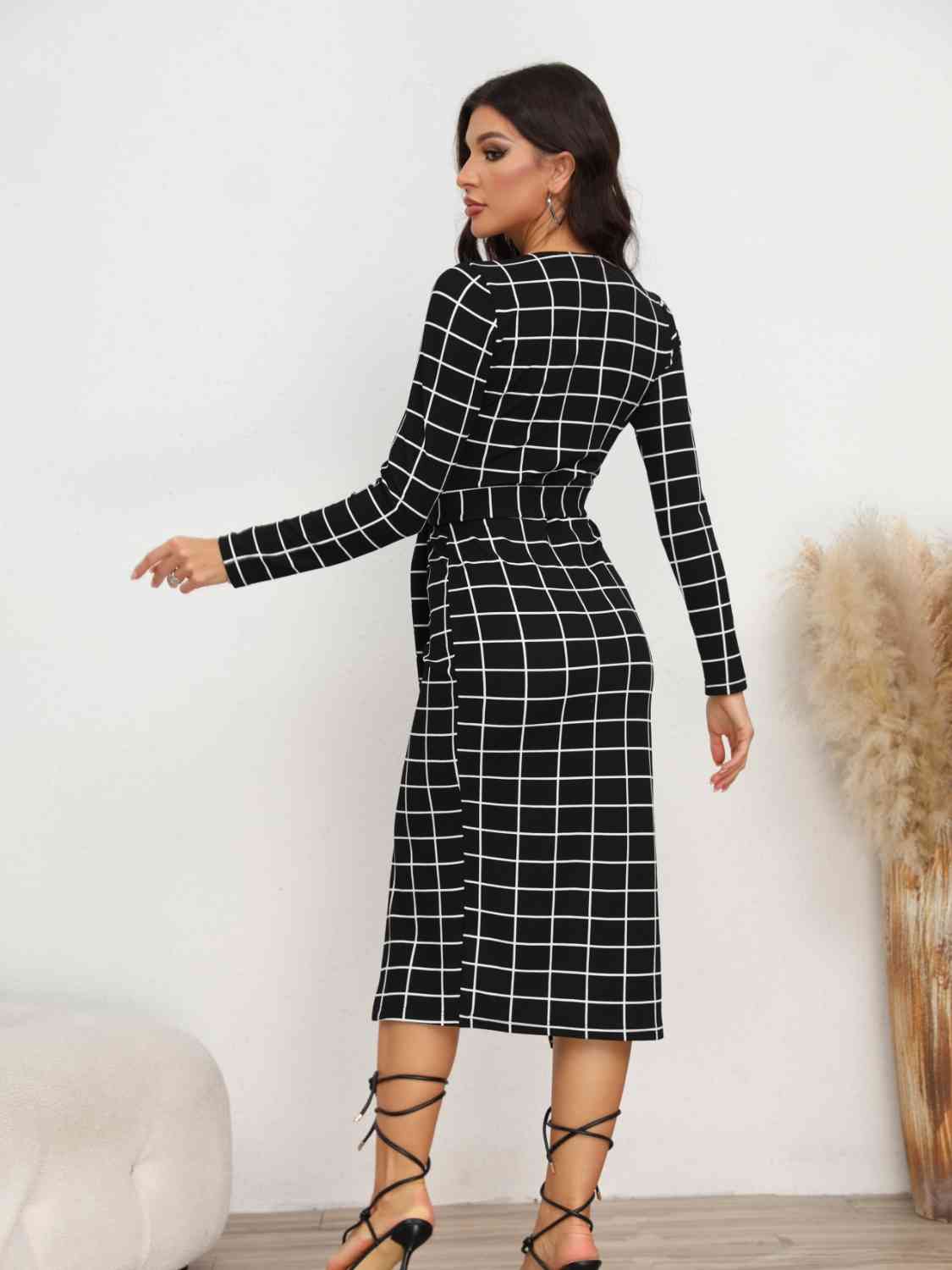 Plaid Long Sleeve Slit Dress - Guy Christopher