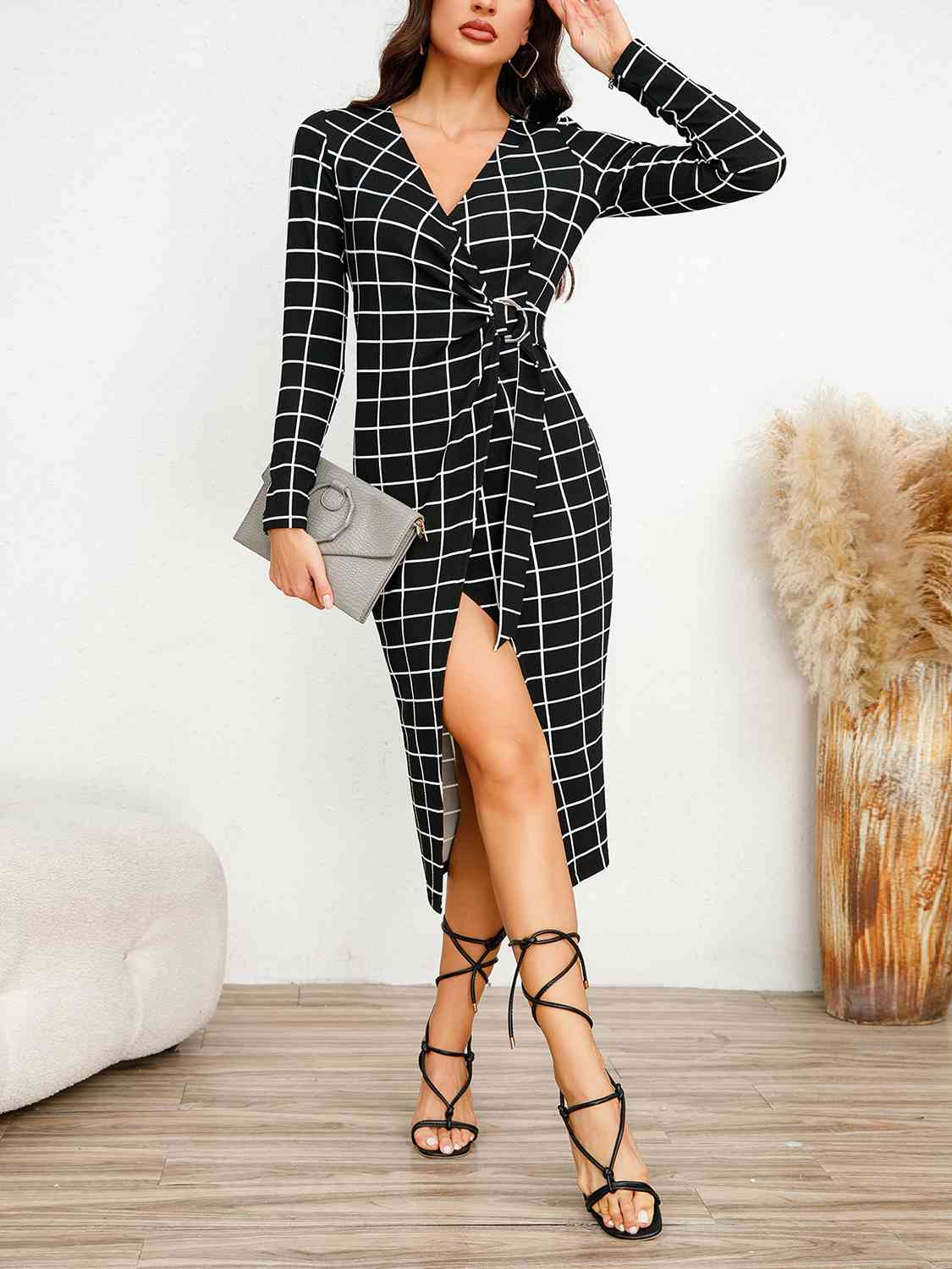 Plaid Long Sleeve Slit Dress - Guy Christopher