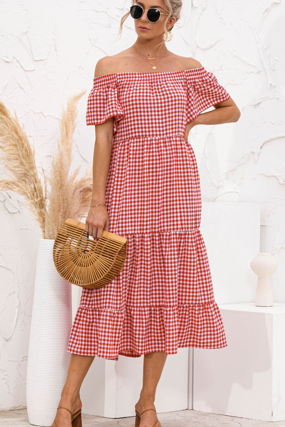 Plaid Off-Shoulder Tiered Midi Dress - Guy Christopher