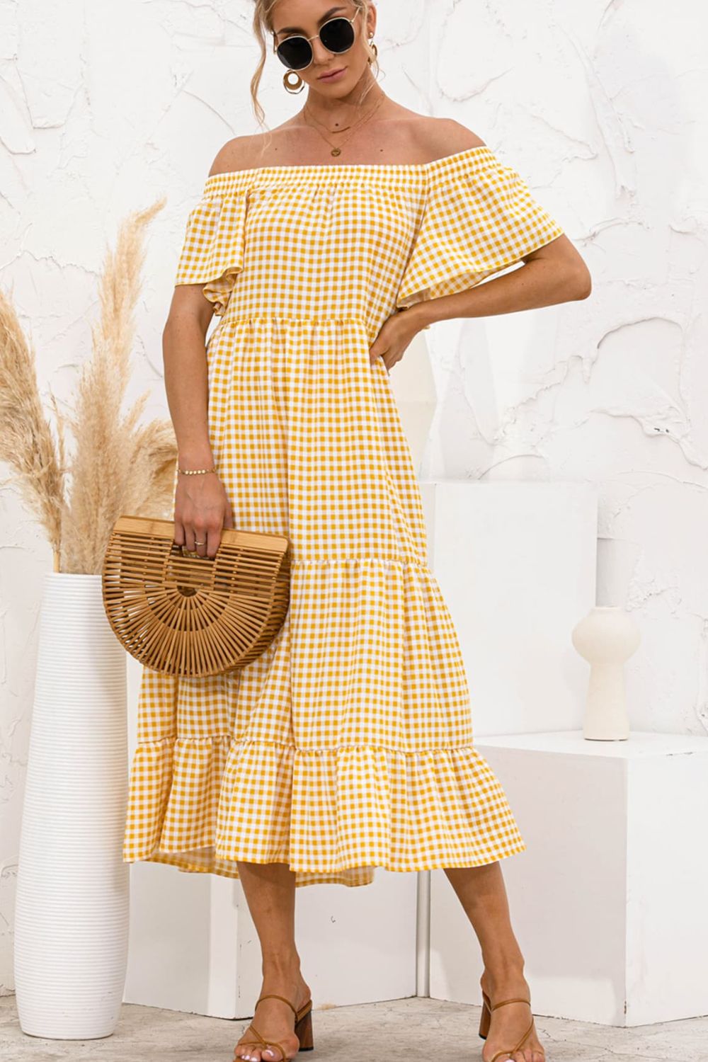 Plaid Off-Shoulder Tiered Midi Dress - Guy Christopher