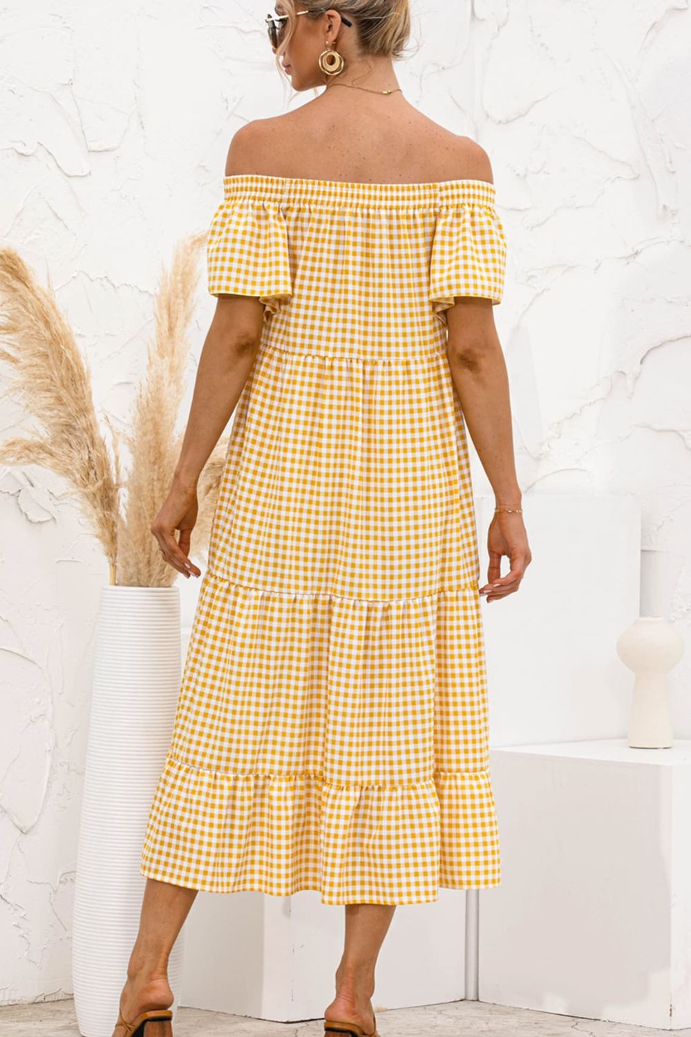 Plaid Off-Shoulder Tiered Midi Dress - Guy Christopher