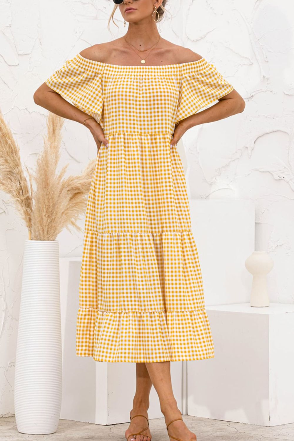 Plaid Off-Shoulder Tiered Midi Dress - Guy Christopher