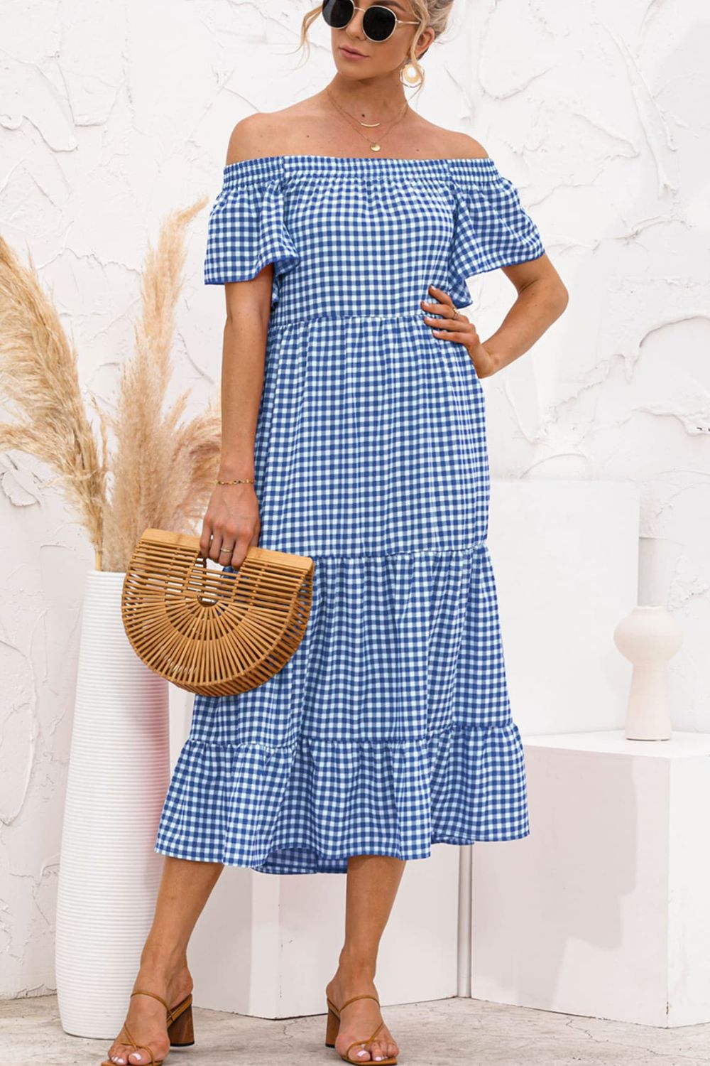 Plaid Off-Shoulder Tiered Midi Dress - Guy Christopher