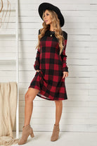 Plaid Round Neck Long Sleeve Mini Dress - Guy Christopher