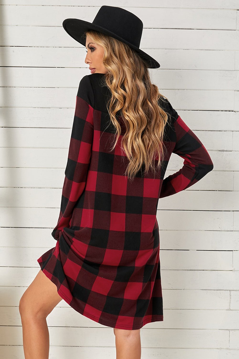 Plaid Round Neck Long Sleeve Mini Dress - Guy Christopher