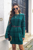 Plaid Round Neck Long Sleeve Sweater Dress - Guy Christopher