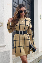 Plaid Round Neck Long Sleeve Sweater Dress - Guy Christopher