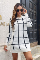 Plaid Round Neck Long Sleeve Sweater Dress - Guy Christopher