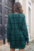 Plaid Round Neck Long Sleeve Sweater Dress - Guy Christopher