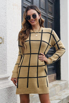 Plaid Round Neck Long Sleeve Sweater Dress - Guy Christopher