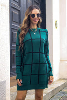 Plaid Round Neck Long Sleeve Sweater Dress - Guy Christopher