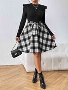 Plaid Ruffle Shoulder Round Neck Dress - Guy Christopher