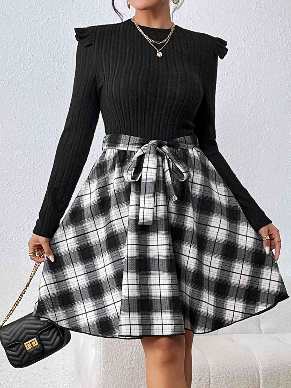 Plaid Ruffle Shoulder Round Neck Dress - Guy Christopher