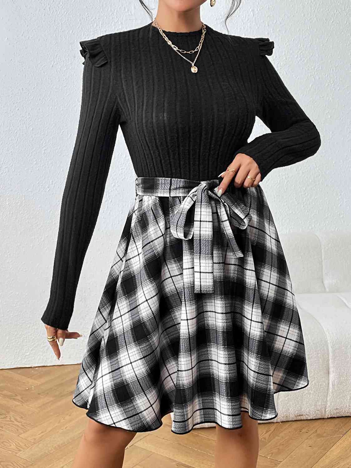 Plaid Ruffle Shoulder Round Neck Dress - Guy Christopher