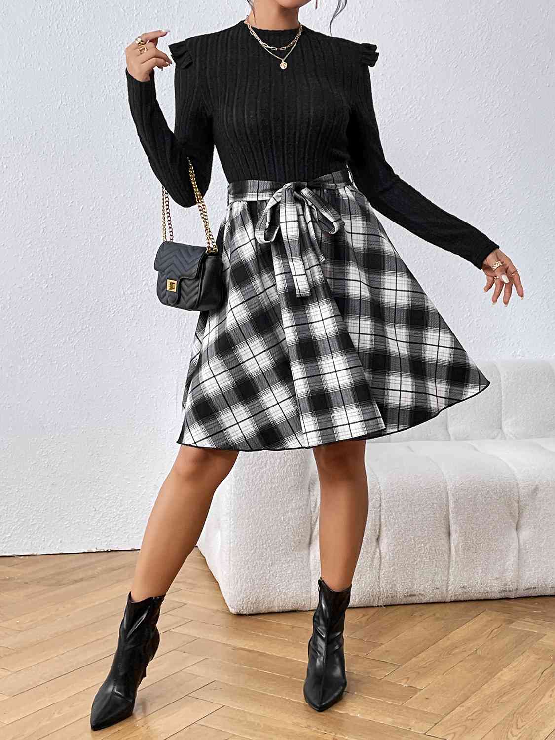 Plaid Ruffle Shoulder Round Neck Dress - Guy Christopher