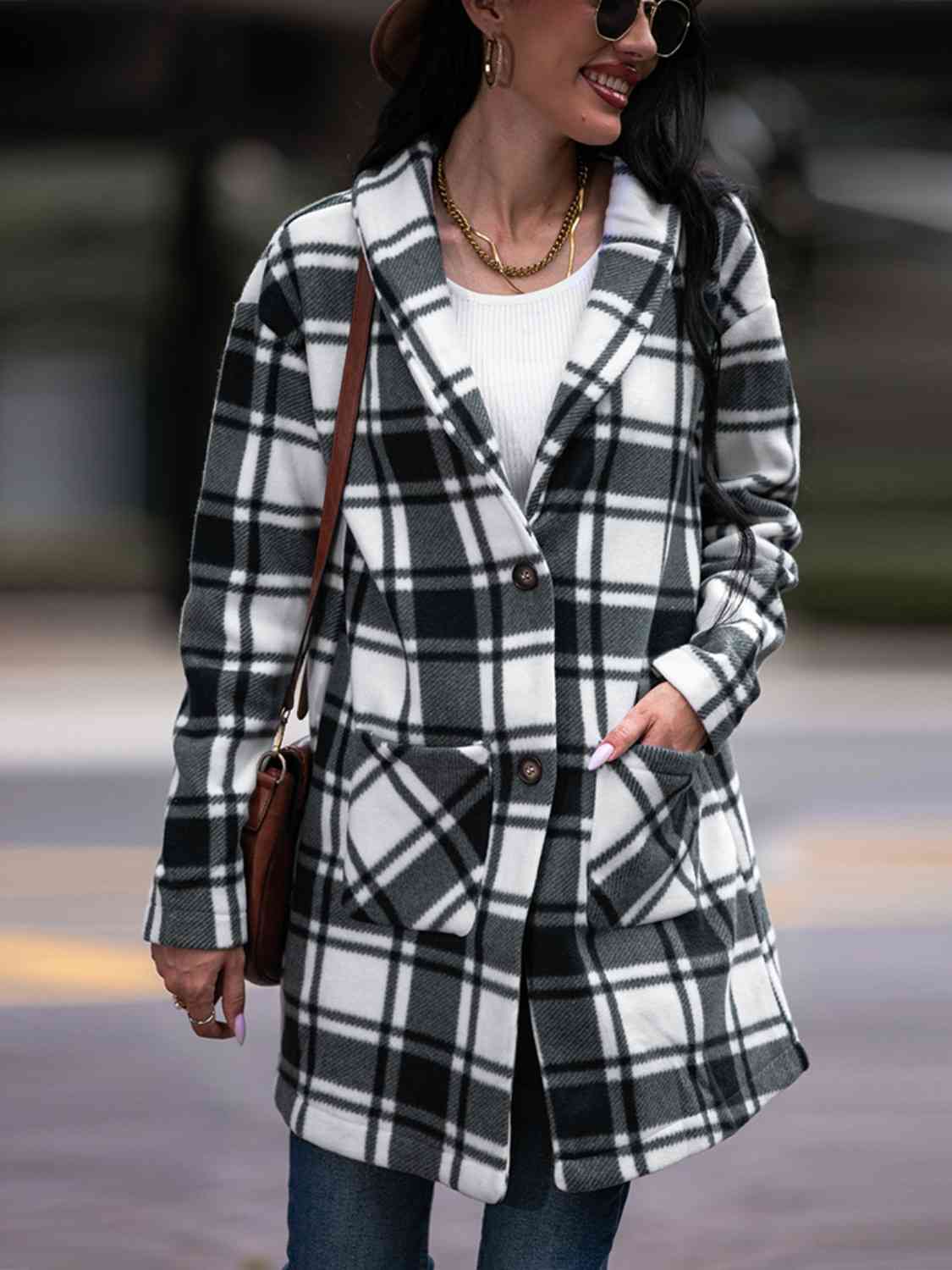Plaid Shawl Collar Coat with Pockets - Guy Christopher