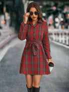 Plaid Tie Front Collared Neck Long Sleeve Dress - Guy Christopher